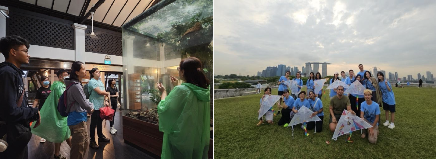 (Left) Students during the nature walk. (Right) Students pose with their decorated kites as they enjoy the sunset at Marina Barrage.