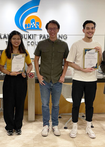 Member of Parliament Edward Chia (centre) with Diploma in Interior Design students (from left) Lin Guanyu, Pyae Phyo Thu, Joseph Kiran Hanson and Chen Siyi.