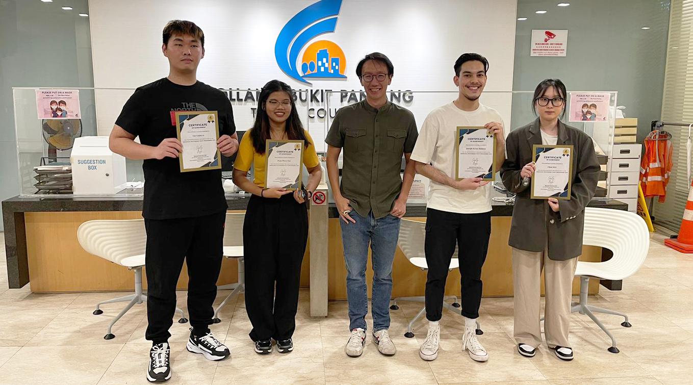 Member of Parliament Edward Chia (centre) with Diploma in Interior Design students (from left) Lin Guanyu, Pyae Phyo Thu, Joseph Kiran Hanson and Chen Siyi.